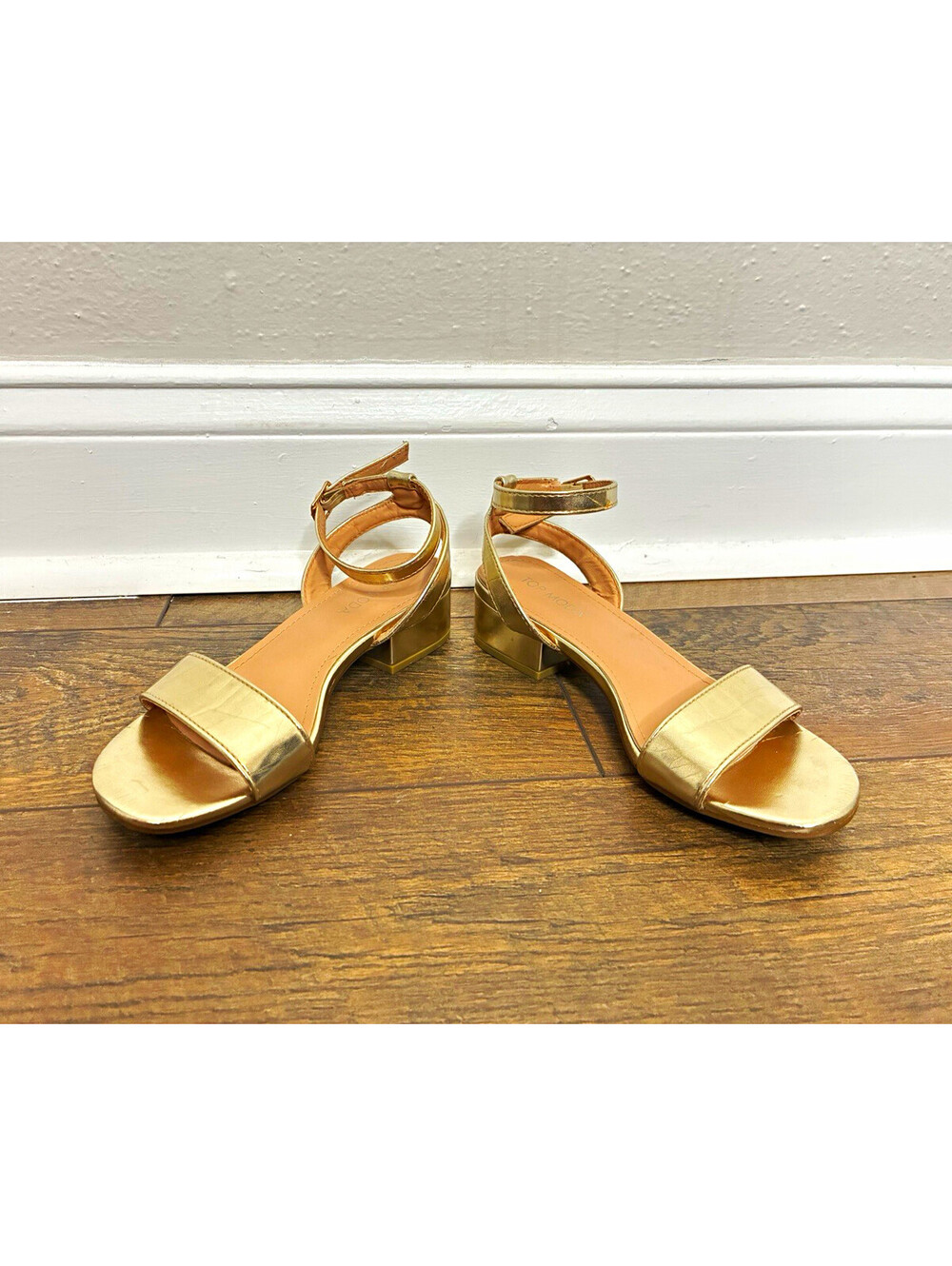TOP MODA Women's Gold Ankle Strap Kitten Heel Sandals Buckle Adjustable US 6